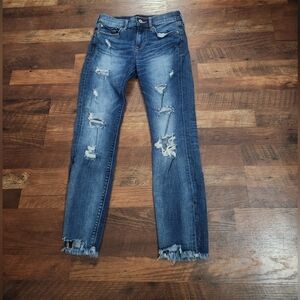 Women's Express Mid Rise Skinny Ankle Distressed Blue Jeans